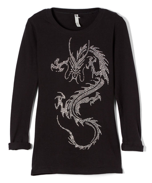 Girls Long Sleeve Top - Rhinestone Dragon