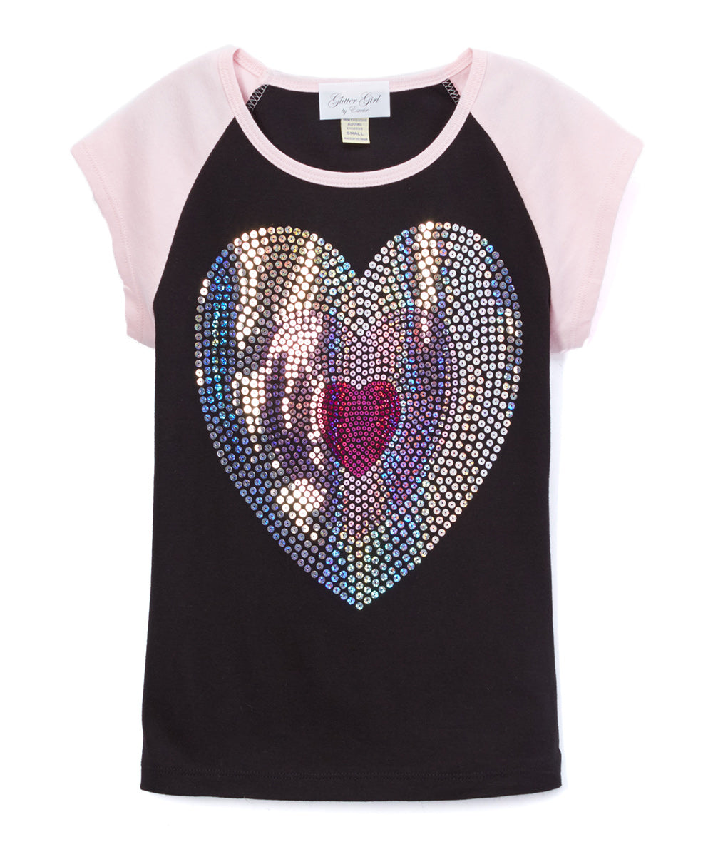 Girls Top Short Sleeve Top  Sequin Hearts