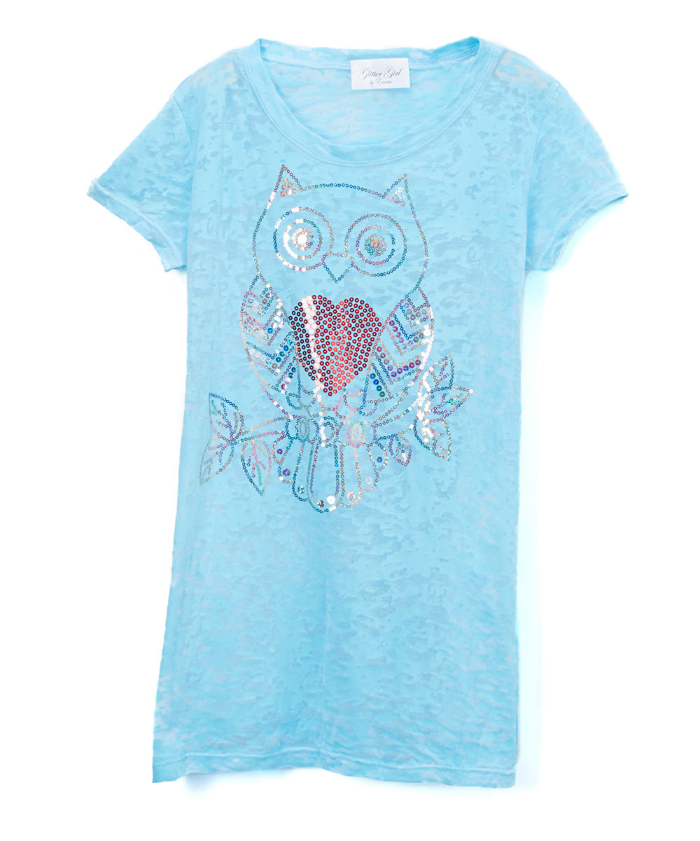Girls Short Sleeve Top Sequin Owl