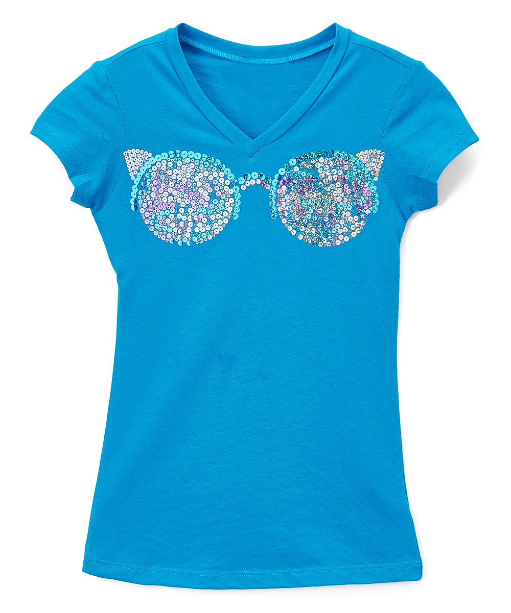 Girls Short Sleeve Top - Sequin Cat Glasses