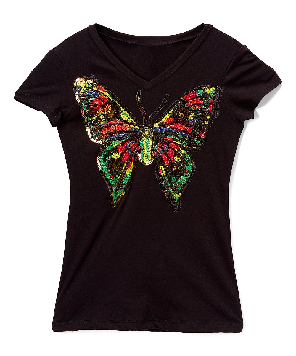 Girls Top Short Sleeve T Shirt - Sequin Multi Color Butterfly