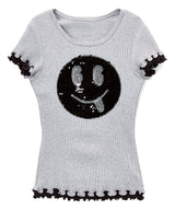 Girls Top Short Sleeve Top - Sequin Happy Face