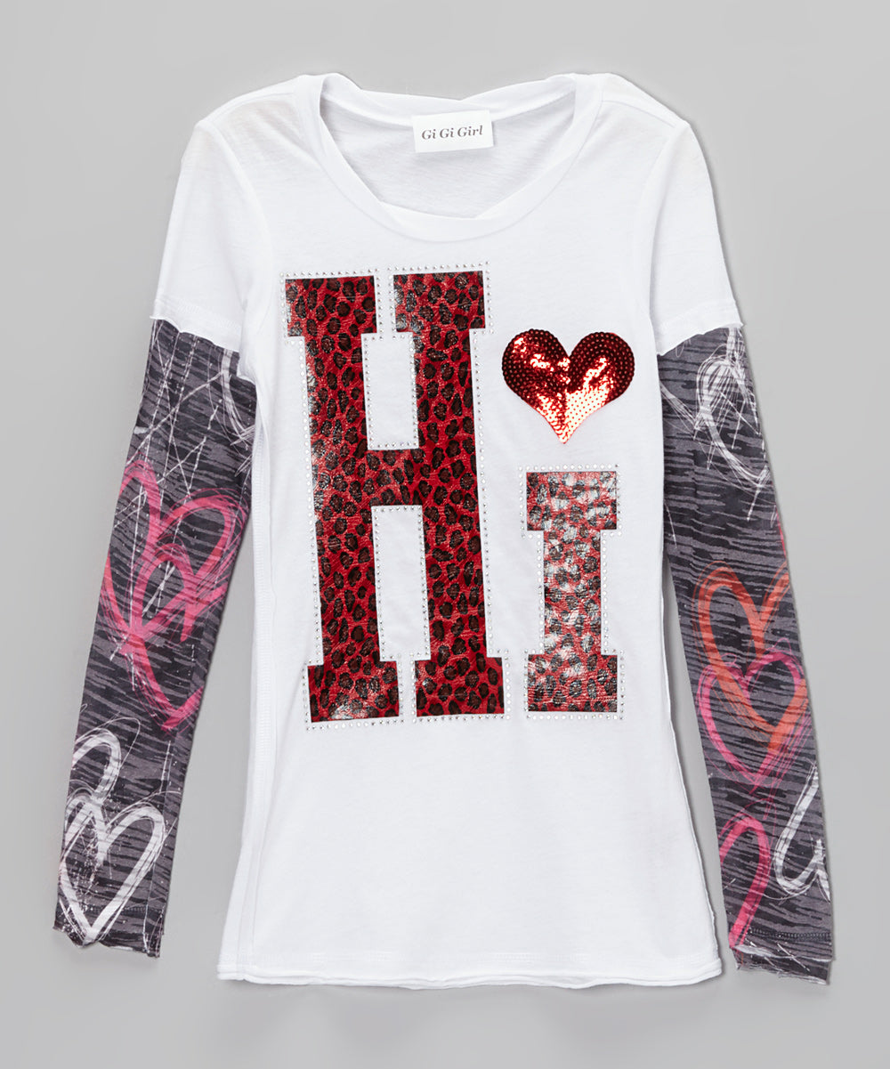 Girls Long Sleeve Top - Faux Leather "Hi"