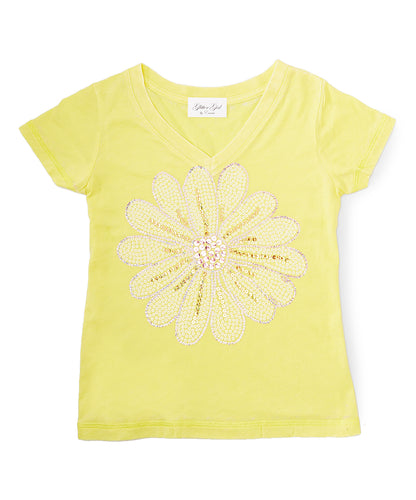 Girls Top Short Sleeve V Neck - Flower