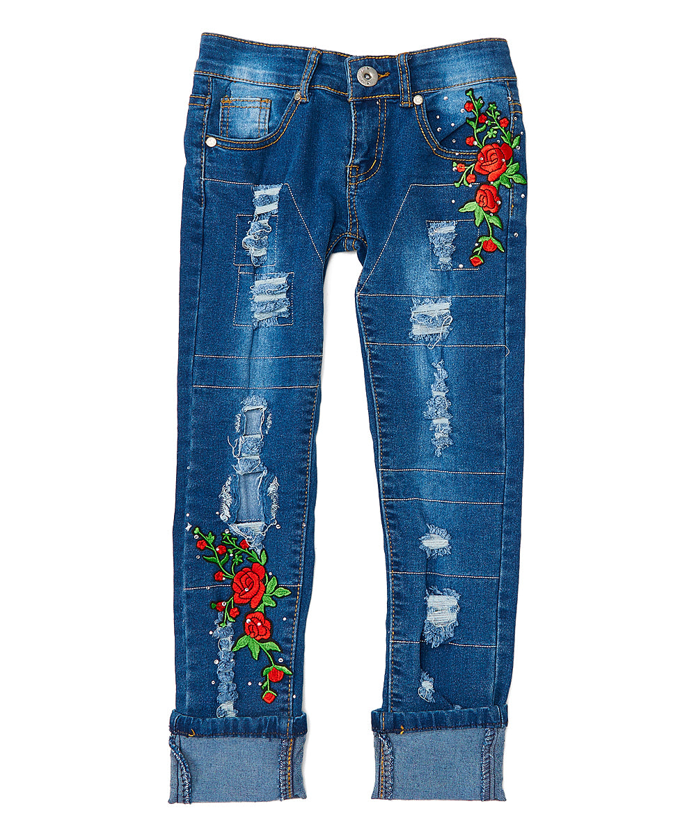 Girls Pant - Denim - Flowers