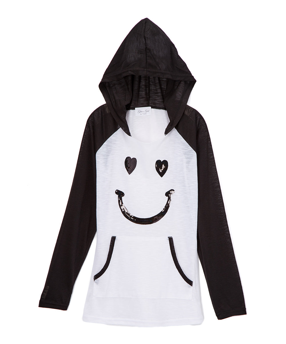 Girls Long Sleeve Top Hoodie - Sequin Happy Face