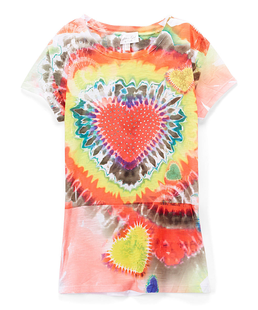 Girls Short Sleeve Top - Multi Color Tie Dye Heart