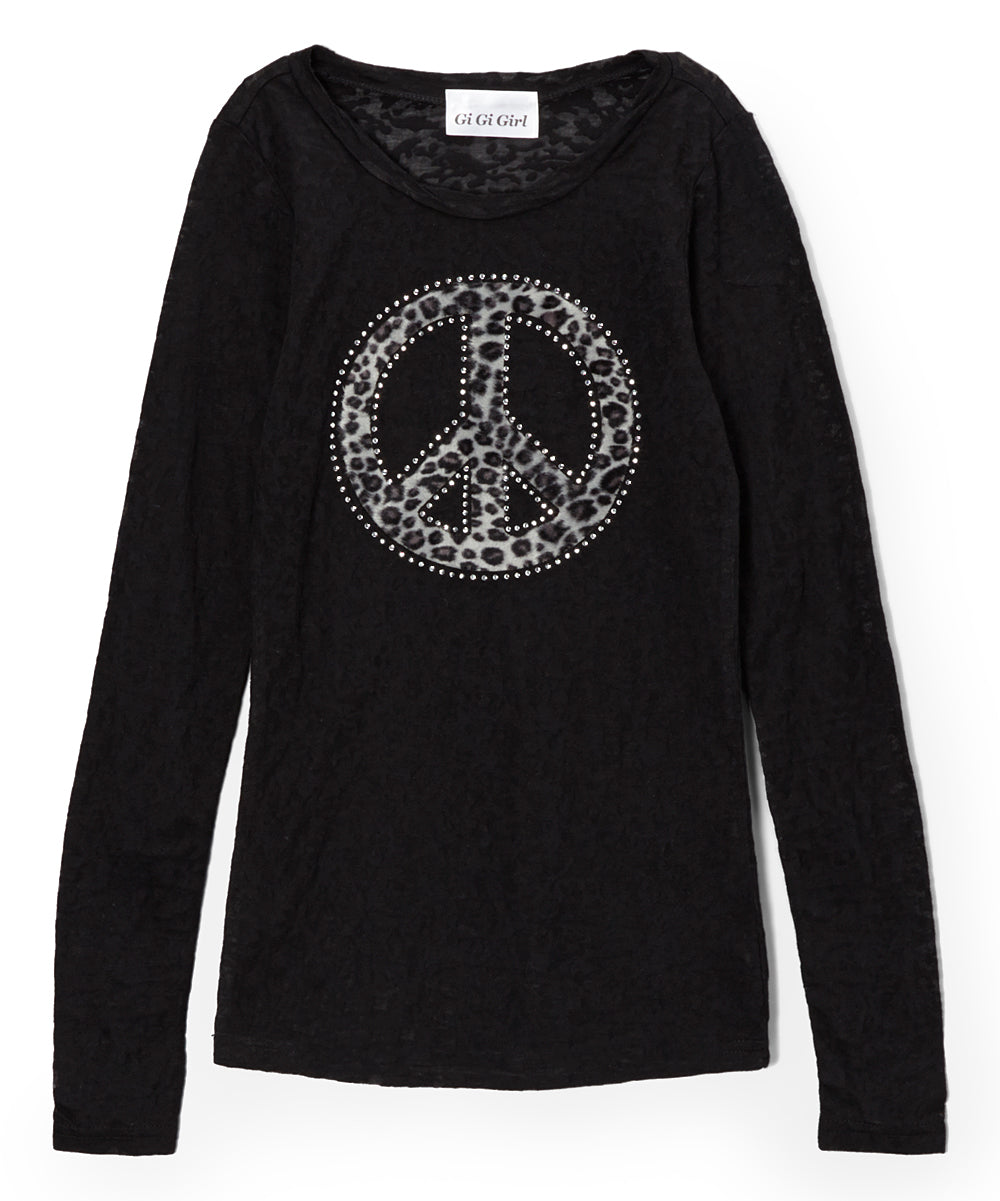 Girls Long Sleeve Top- Leopard Peace Sign