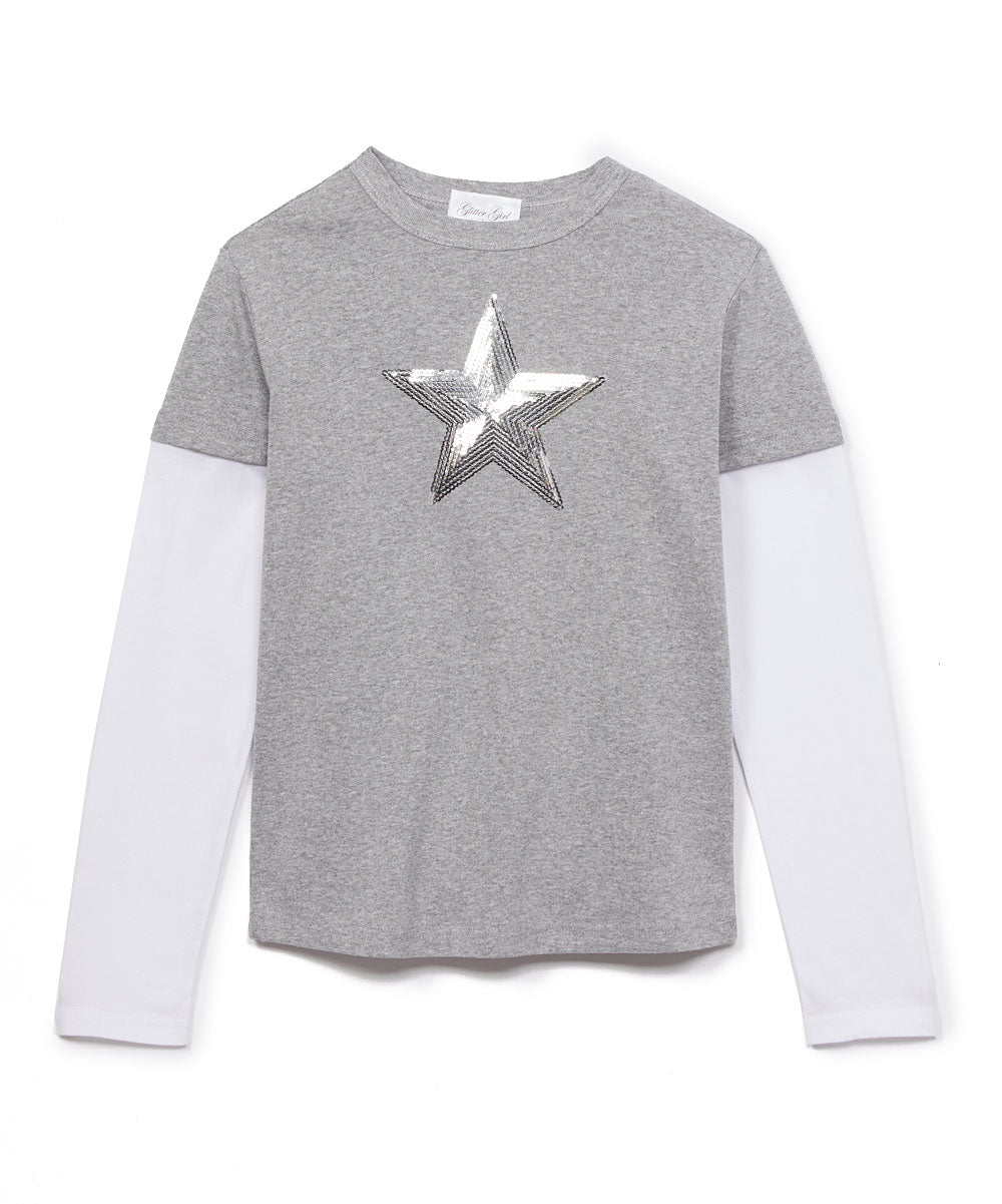 Girls Long Sleeve Top - Two Fer - Silver Sequin Star