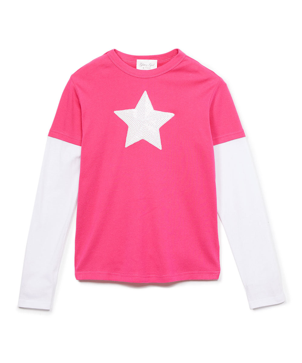 Girls Long Sleeve Top - Two Fer Top -Sequin White Star