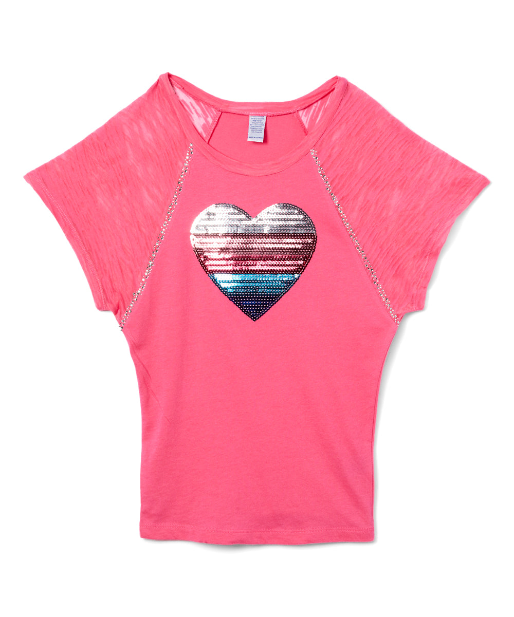 Girls Short Sleeve Top- Sequin Heart
