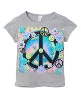 Girls Short Sleeve Top - Peace sign/Flowers