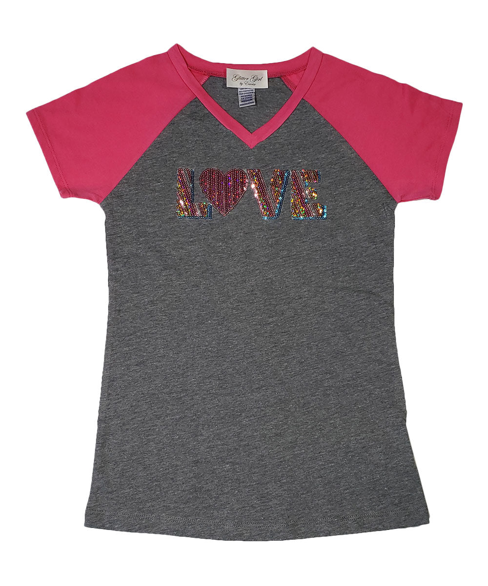 Girls Top Short Sleeve V Neck Sequin LOVE
