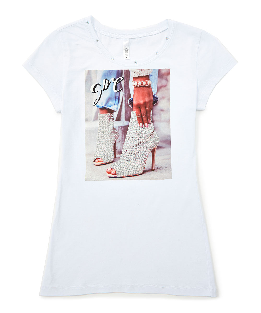 Girls T Shirt Short Sleeve Top - Rhinestone Graphic Shoes By Glitter Girl By Esmise