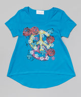 Girls Top Short Sleeve Hi Low - Peace/Flowers
