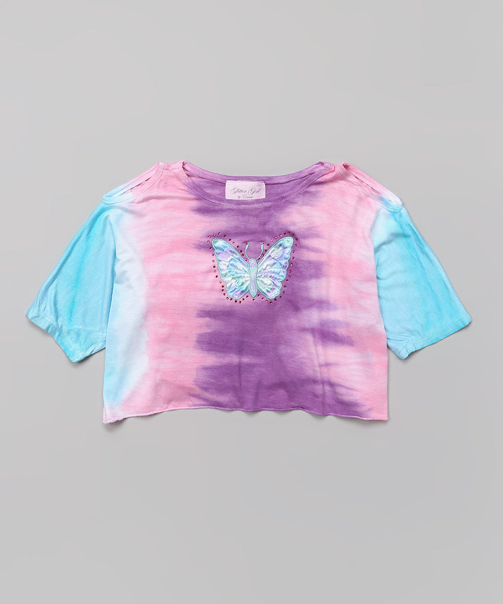 Girls Top Short Sleeve Top - Tie dye/Butterfly