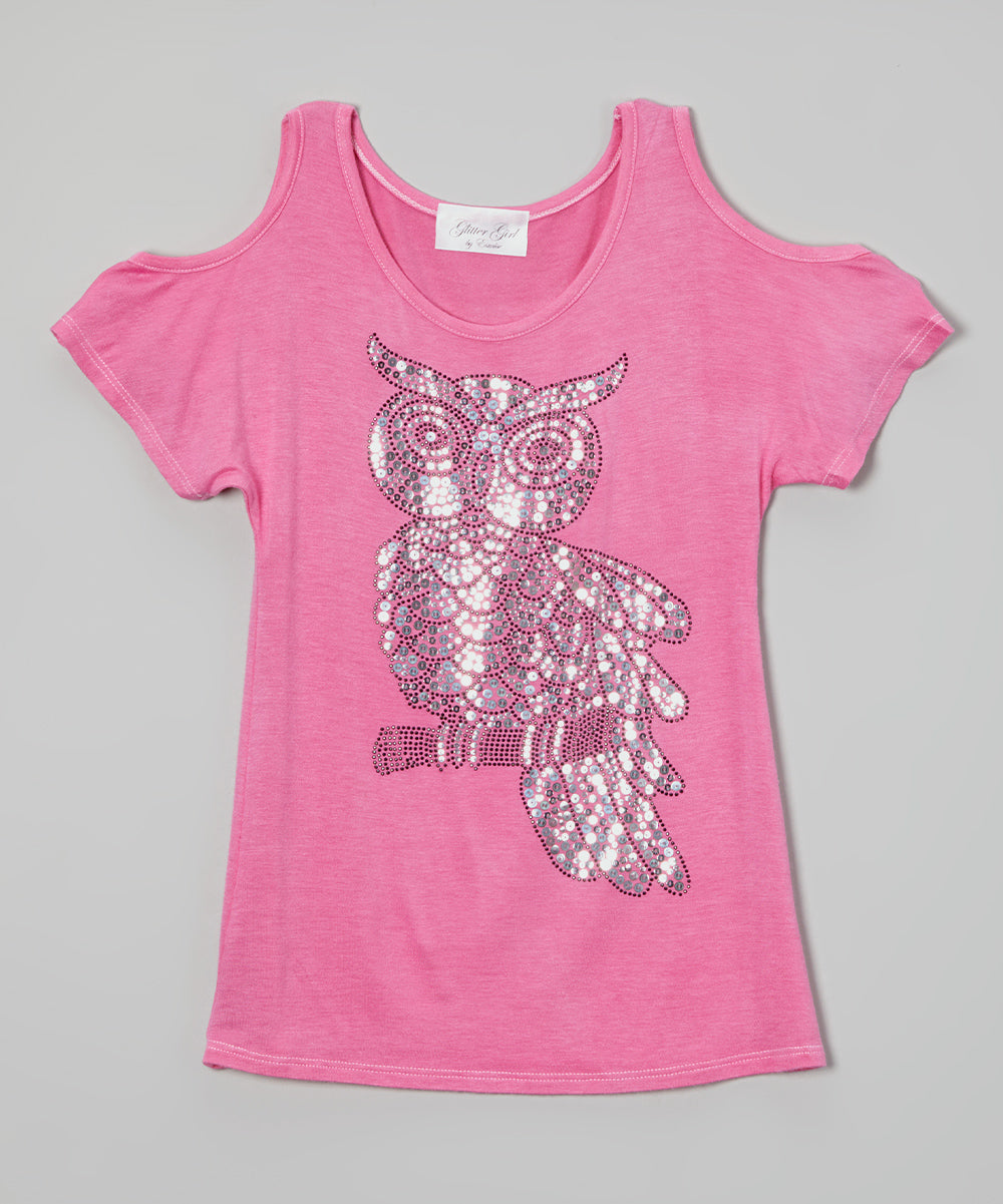 Girls Top Short Sleeve Cold Shoulder - Sequin Owl