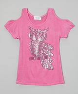 Girls Top Short Sleeve Cold Shoulder - Sequin Owl