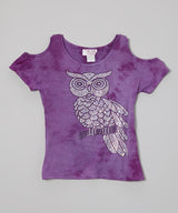 Girls Top Short Sleeve Cold Shoulder -Sequin Owl